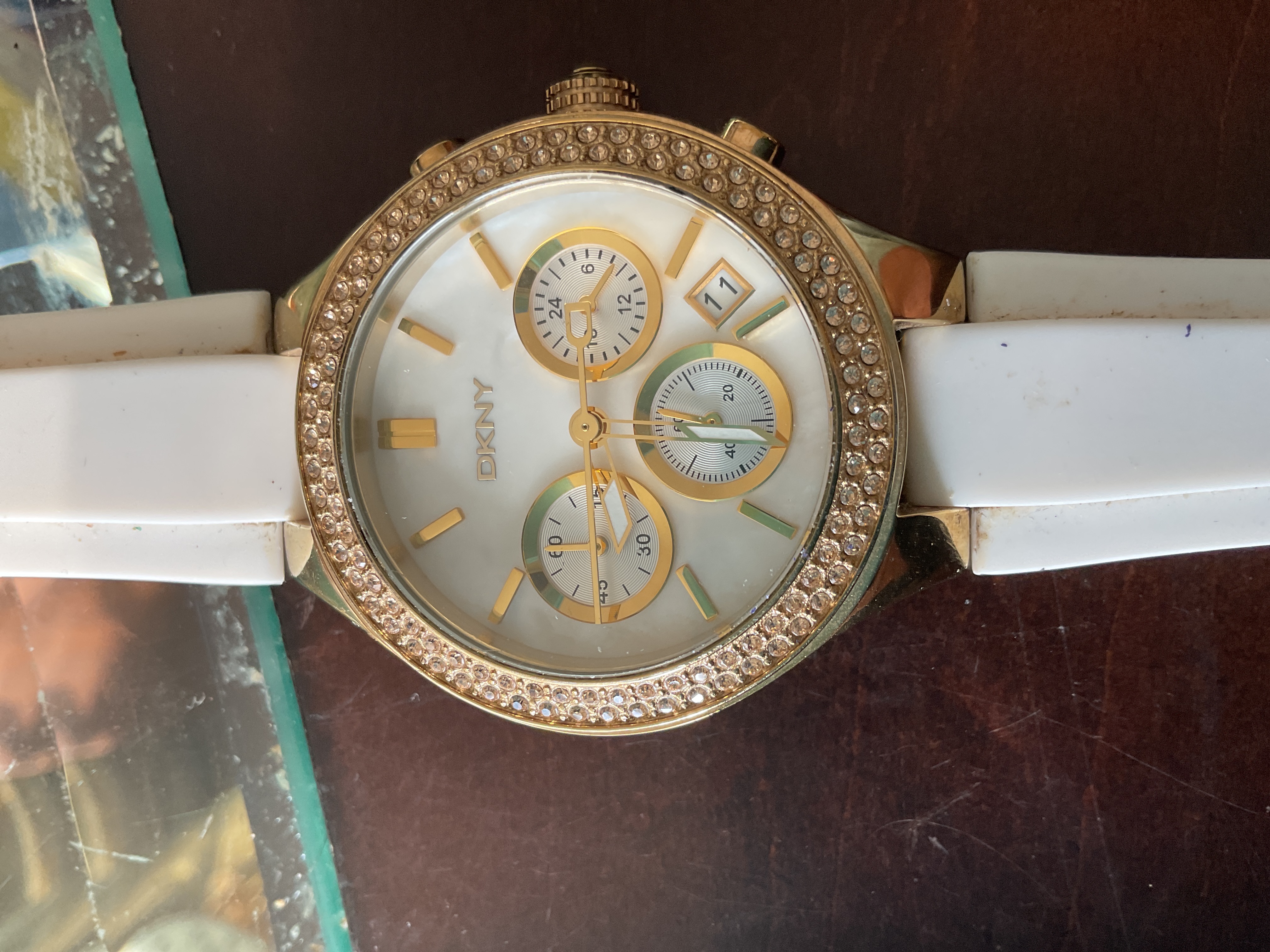 Contemporary DKNY Crystal-Accented Quartz Watch with White Silicone Strap