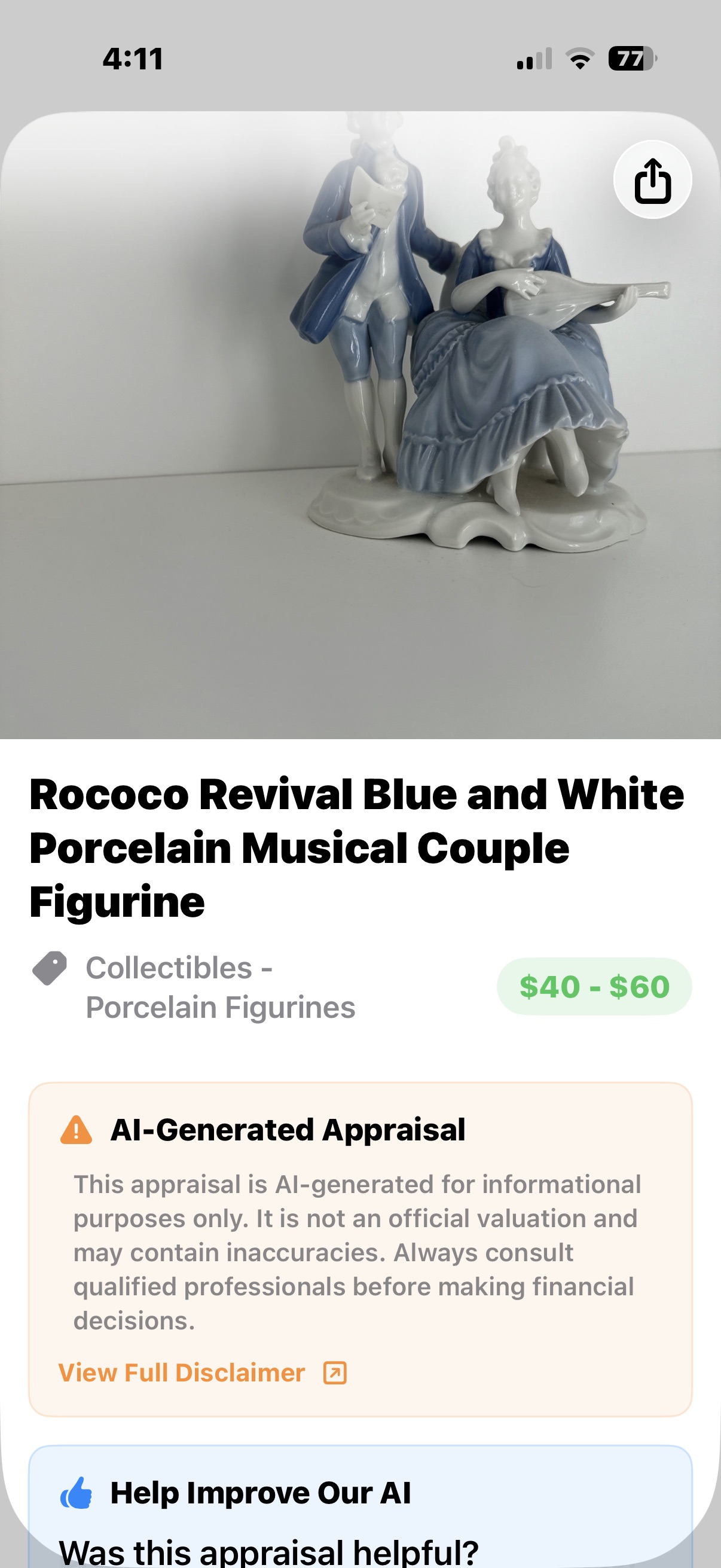 Rococo Revival Blue and White Porcelain Musical Couple Figurine