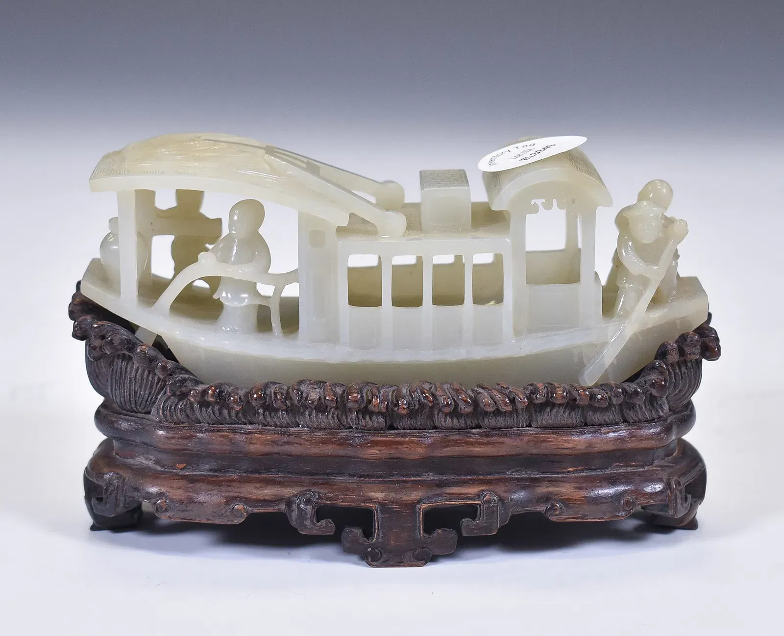 Chinese Qing Style Nephrite Jade Boat Carving on Wood Stand