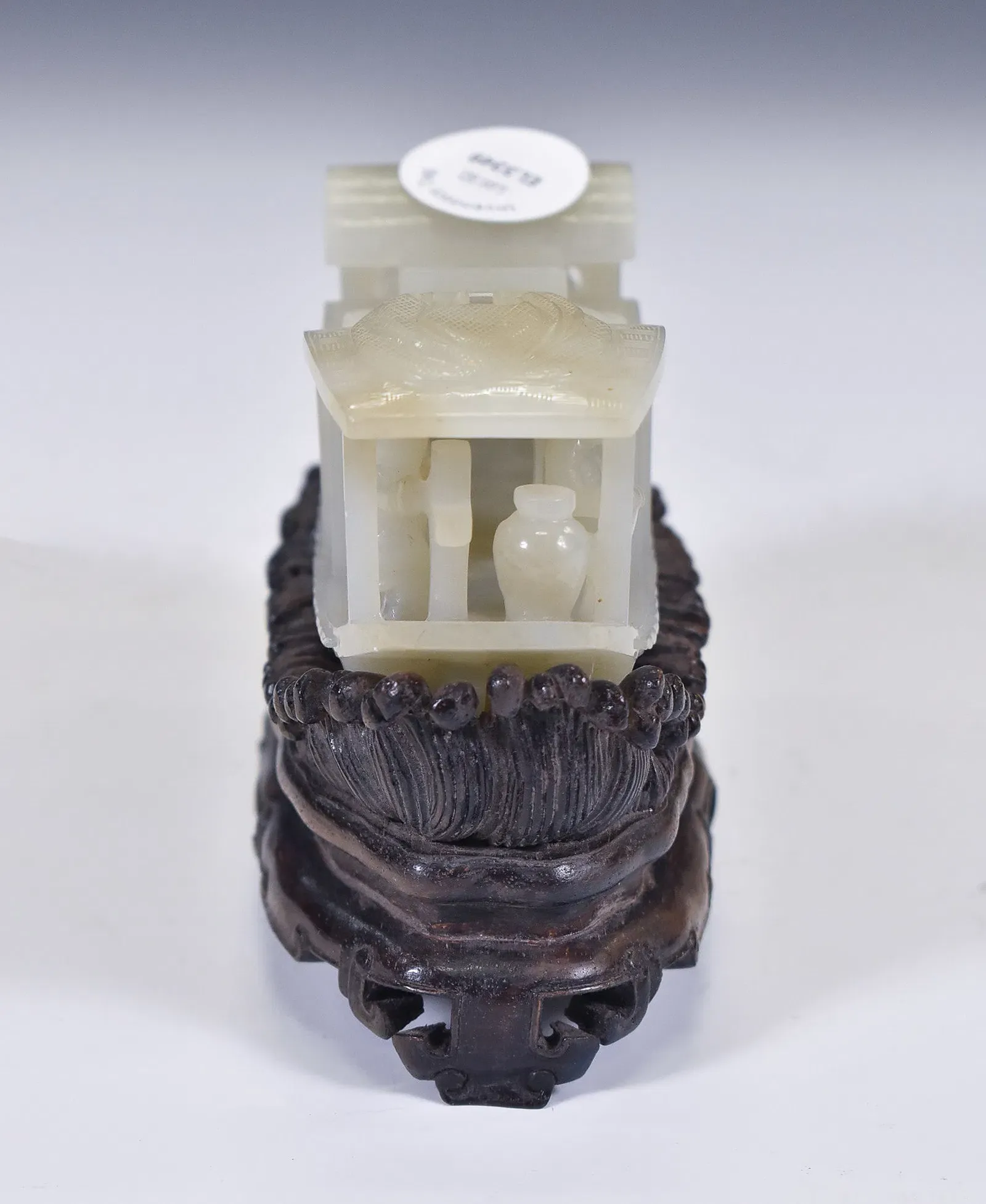 Chinese Qing Style Nephrite Jade Boat Carving on Wood Stand thumbnail 2