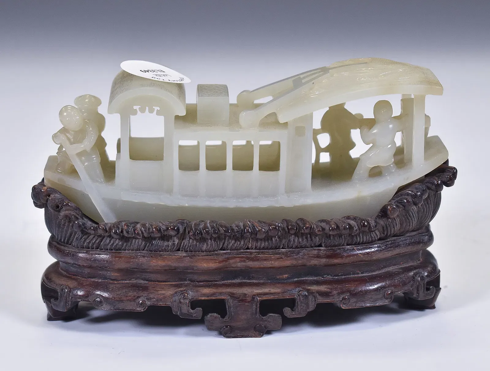 Chinese Qing Style Nephrite Jade Boat Carving on Wood Stand thumbnail 3