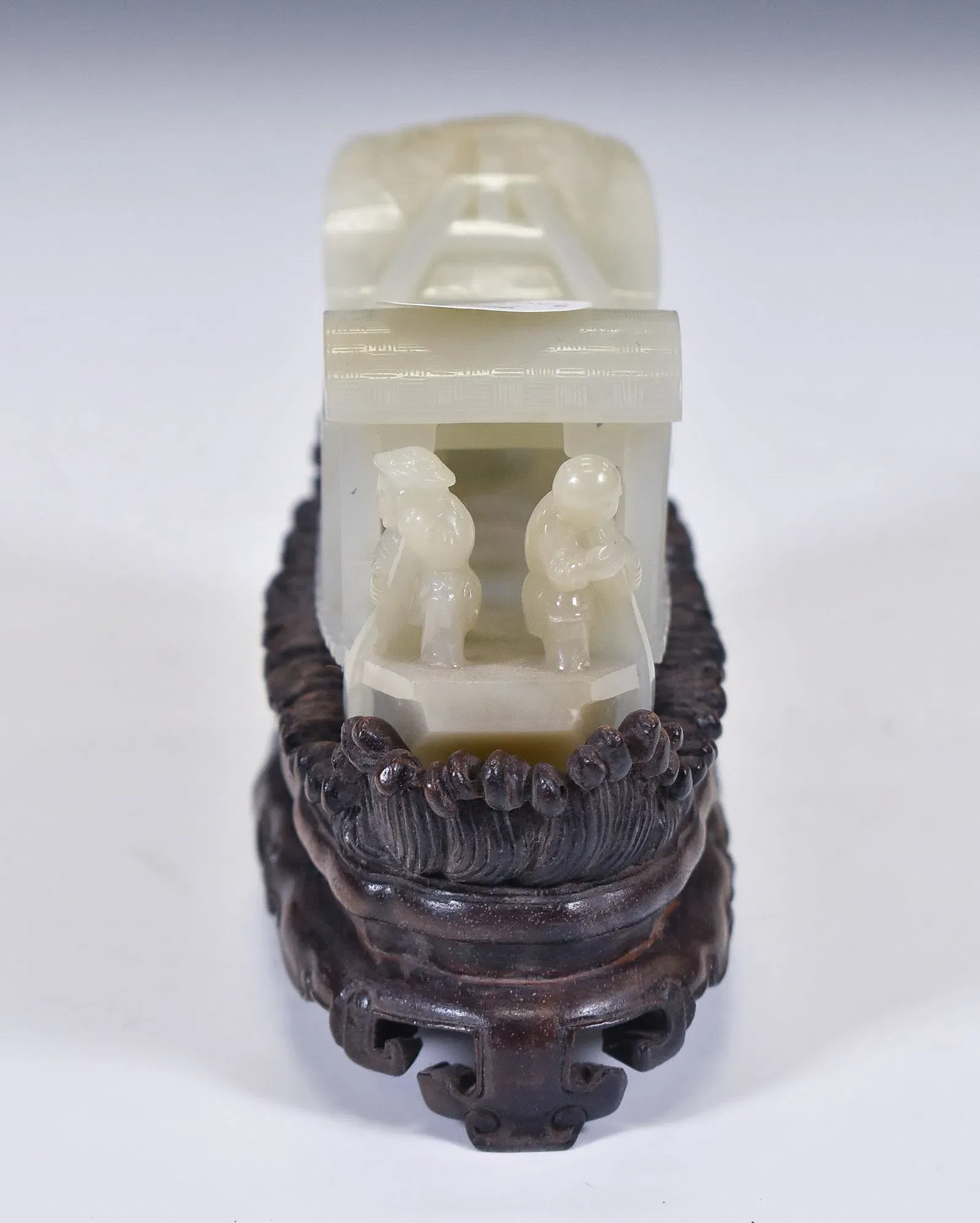 Chinese Qing Style Nephrite Jade Boat Carving on Wood Stand thumbnail 4