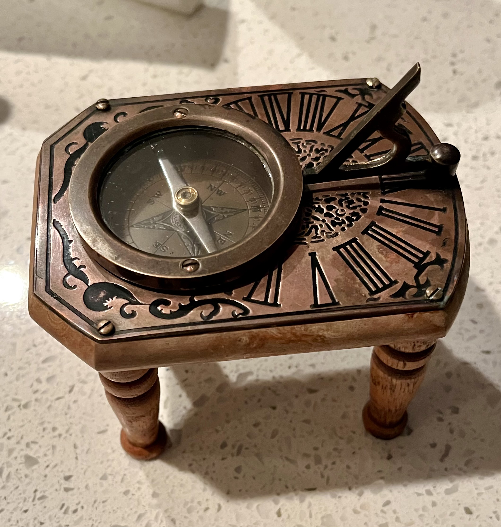 Victorian Revival Brass and Wood Sundial Compass Table