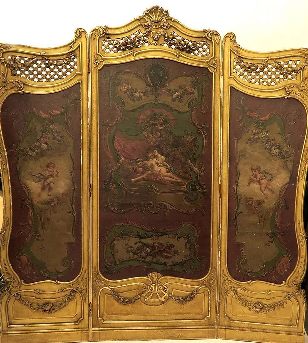 French Rococo Revival Painted and Gilded Three-Panel Screen thumbnail 2