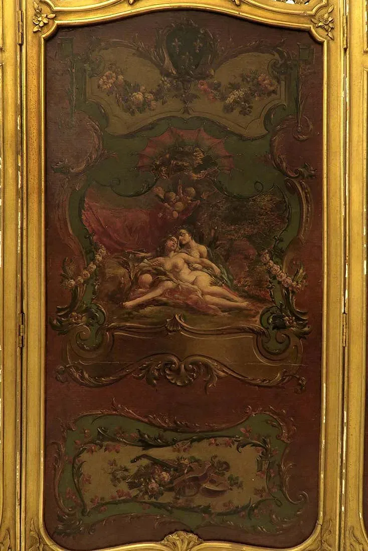 French Rococo Revival Painted and Gilded Three-Panel Screen thumbnail 3