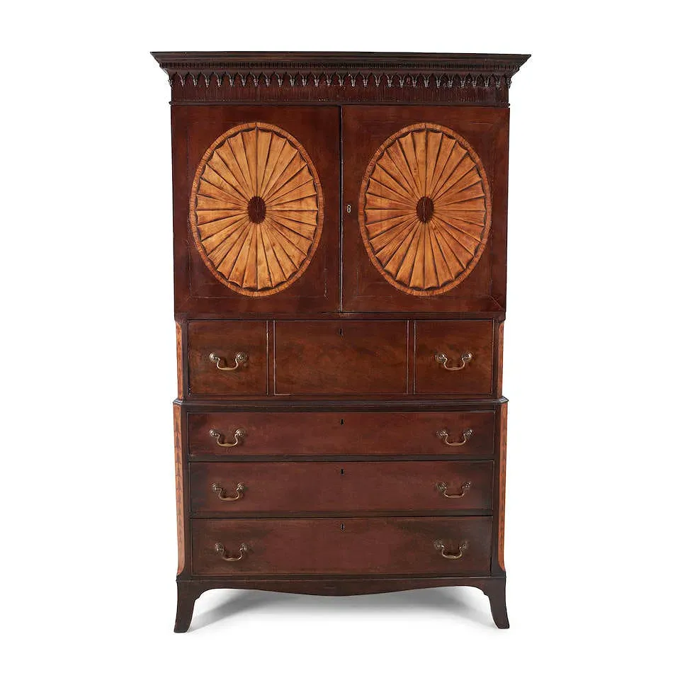 English Georgian Period Satinwood-Inlaid Mahogany Secretary Bookcase