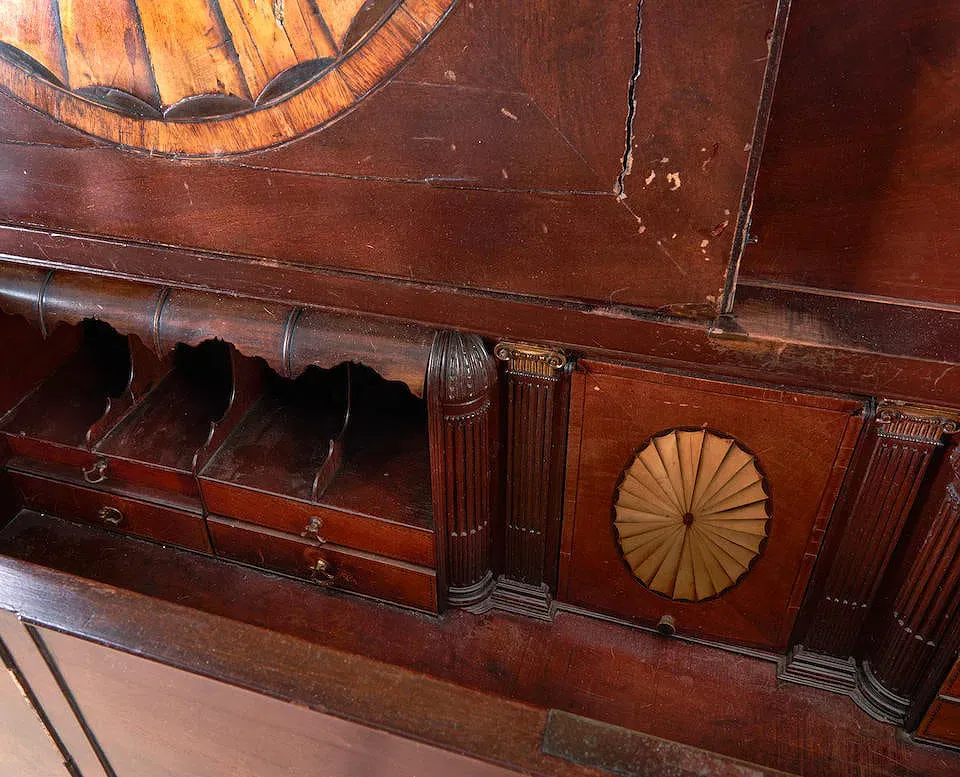 English Georgian Period Satinwood-Inlaid Mahogany Secretary Bookcase thumbnail 2