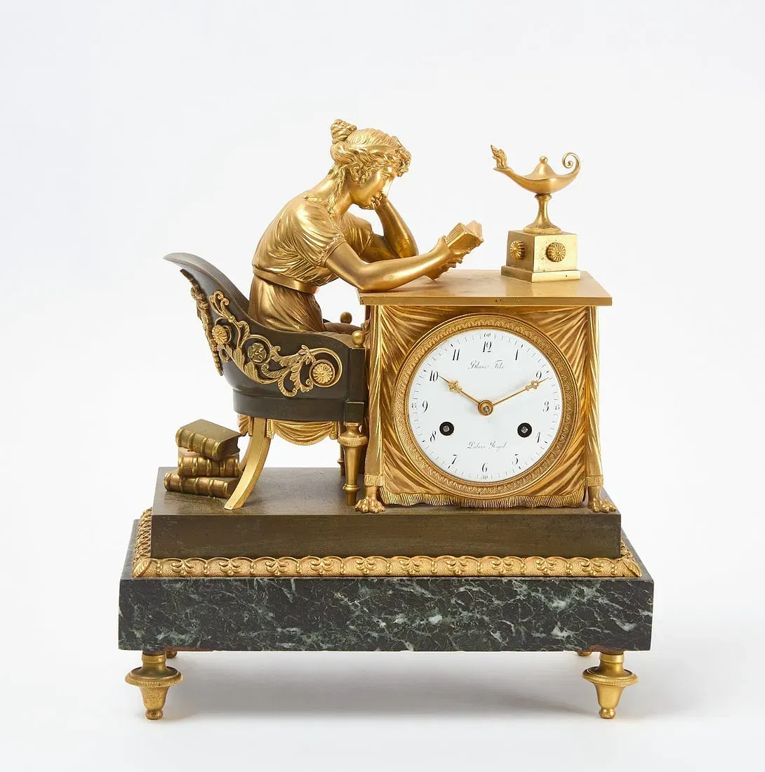 French Empire Period Ormolu and Marble Figural Mantel Clock thumbnail 2