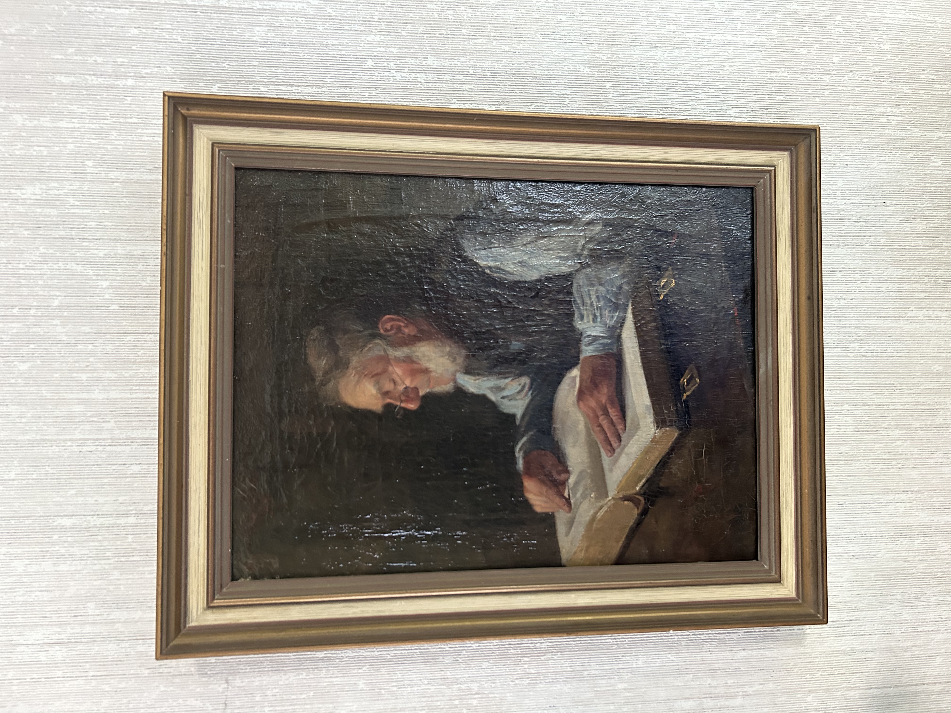 Continental Realist Genre Oil on Canvas — Old Man Reading a Bible