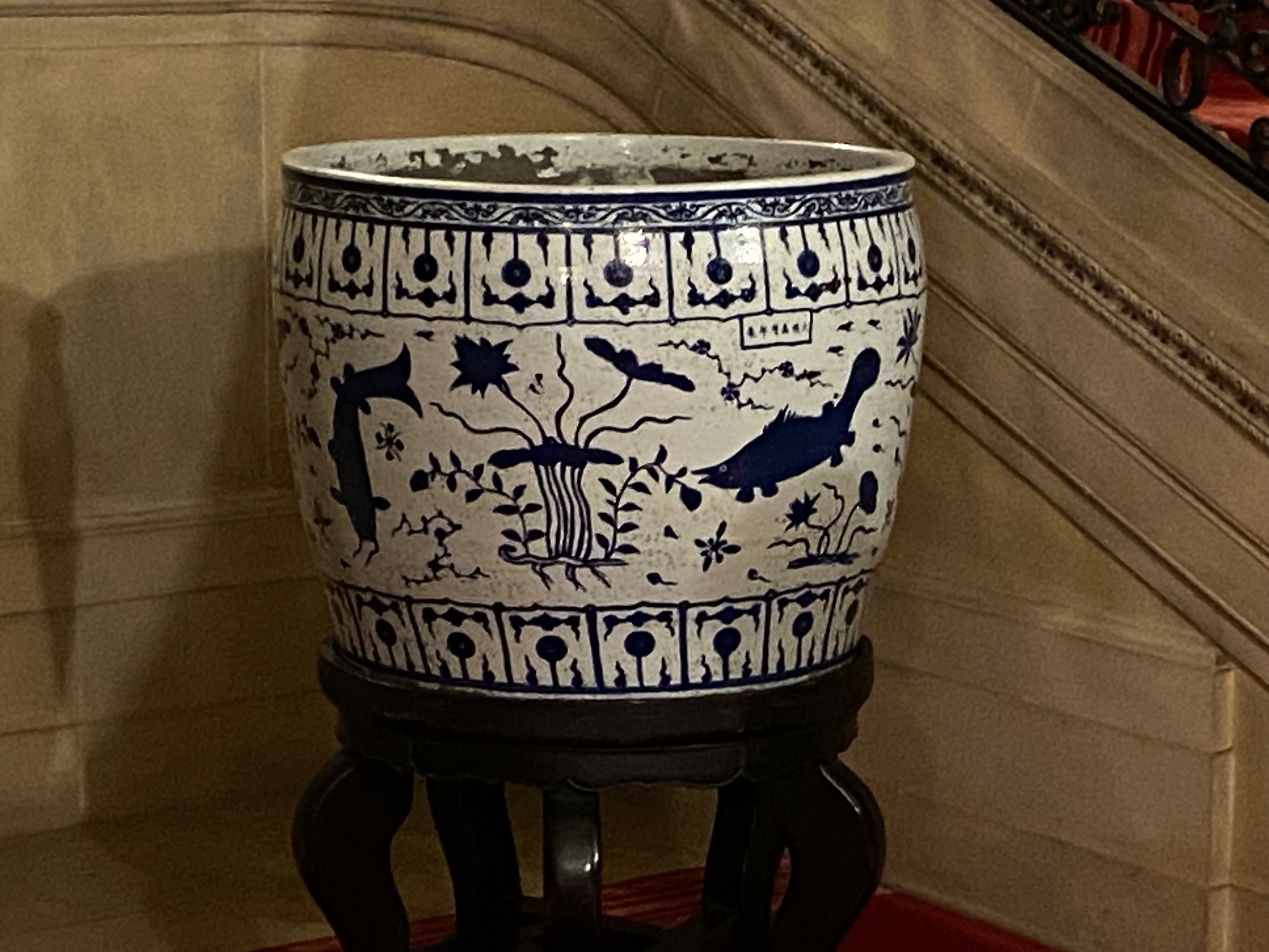 Chinese Ming Style Blue and White Glazed Ceramic Jardiniere with Jiajing Mark