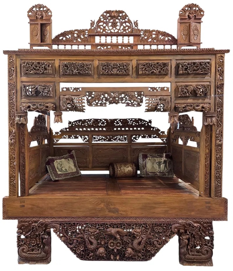 Indonesian Javanese Style Carved Teak Canopy Bed