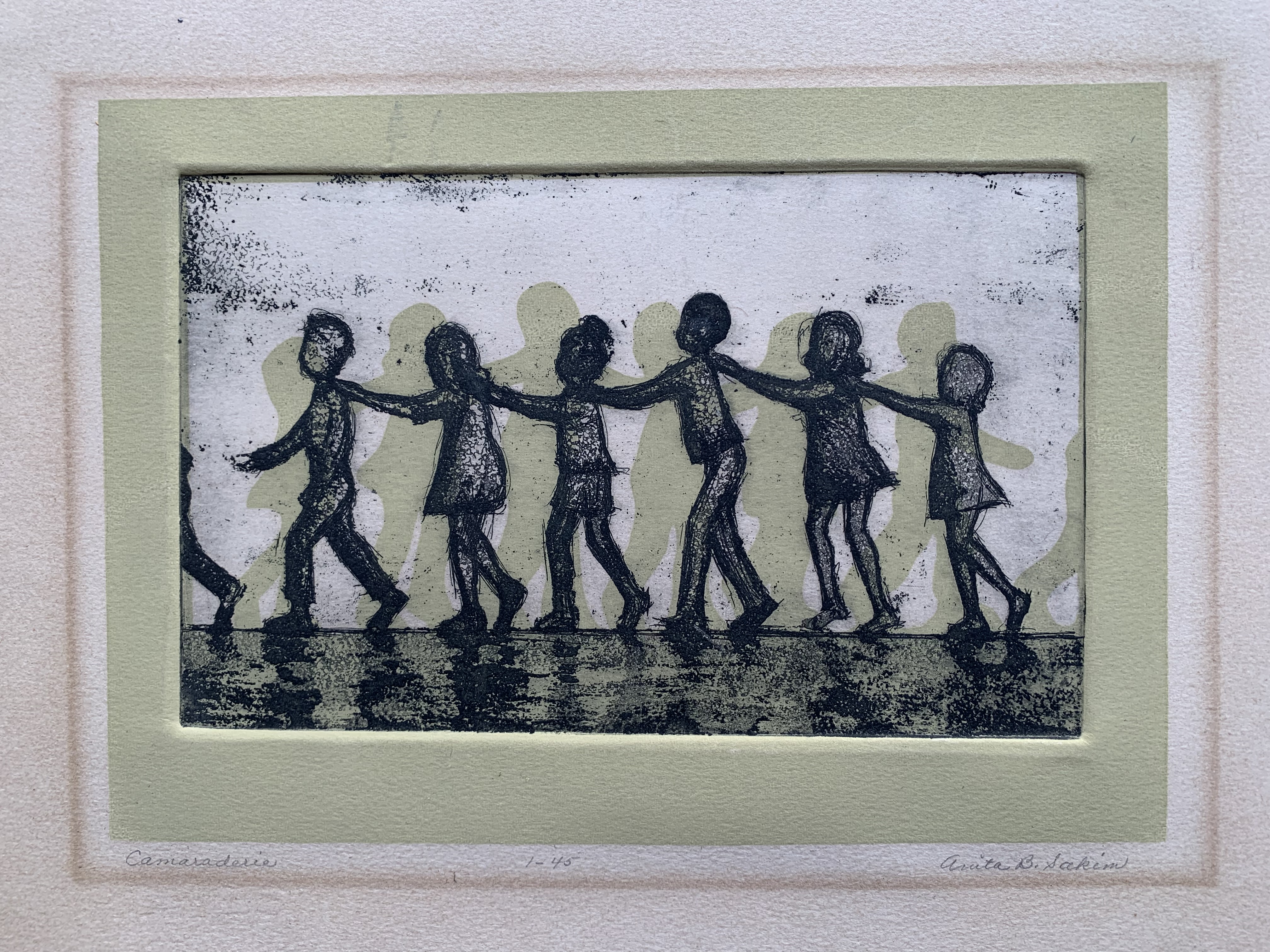 Mid-20th Century Figurative Etching 'Camaraderie' by Anita B. Larkin