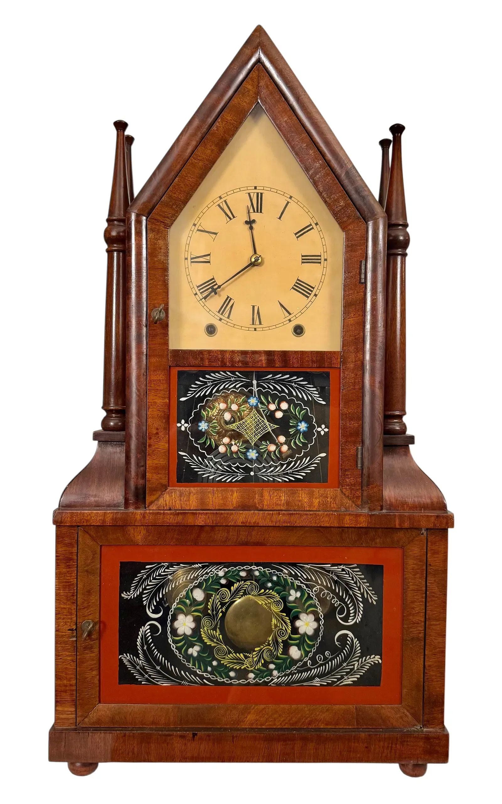 American Gothic Revival Mahogany Steeple Mantel Clock