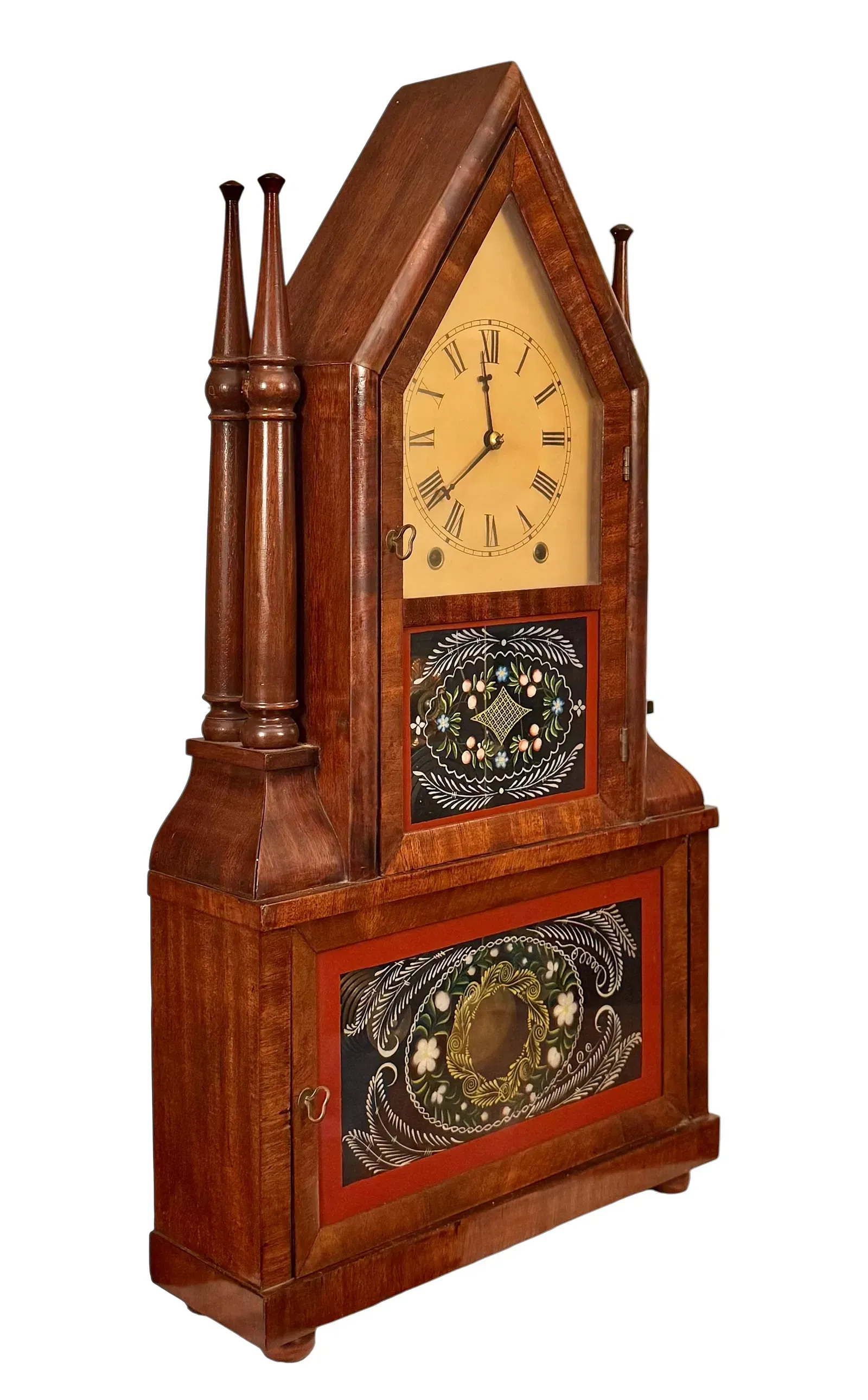 American Gothic Revival Mahogany Steeple Mantel Clock thumbnail 2