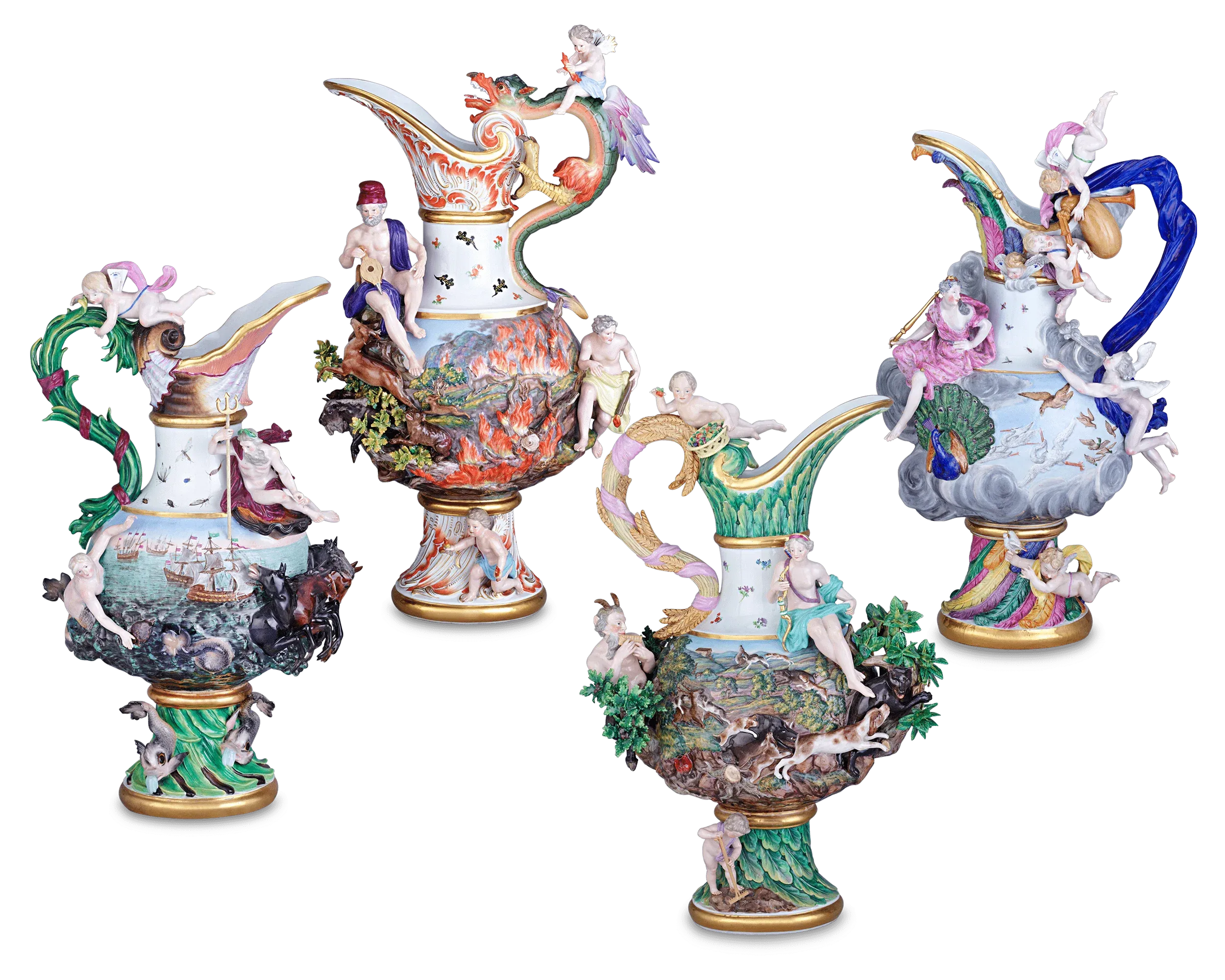 Italian Capodimonte Style Porcelain Figural Ewers — The Four Elements (set of four)