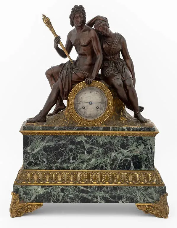 French Empire Style Marble and Bronze Figural Mantel Clock thumbnail