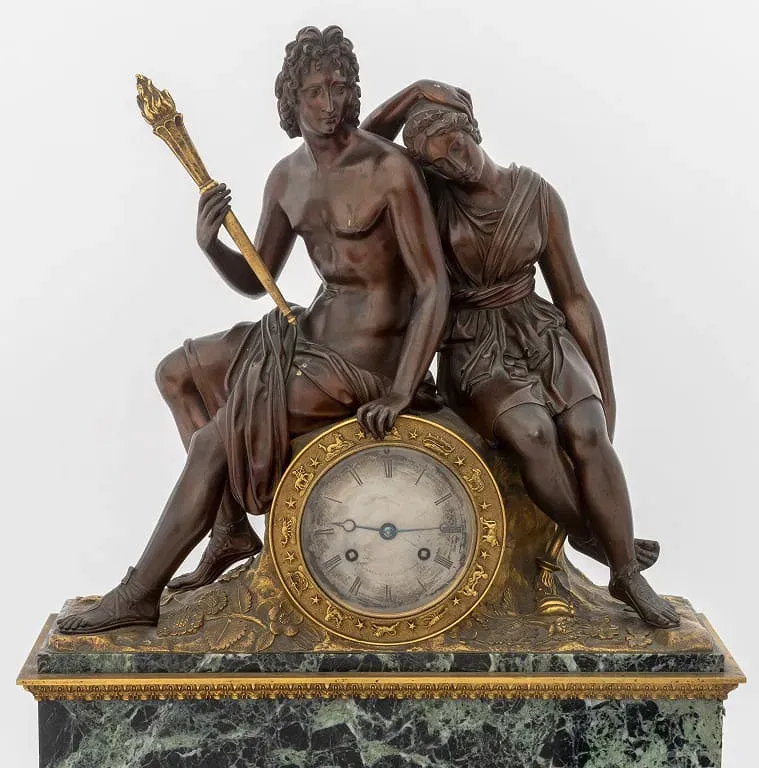 French Empire Style Marble and Bronze Figural Mantel Clock thumbnail 2