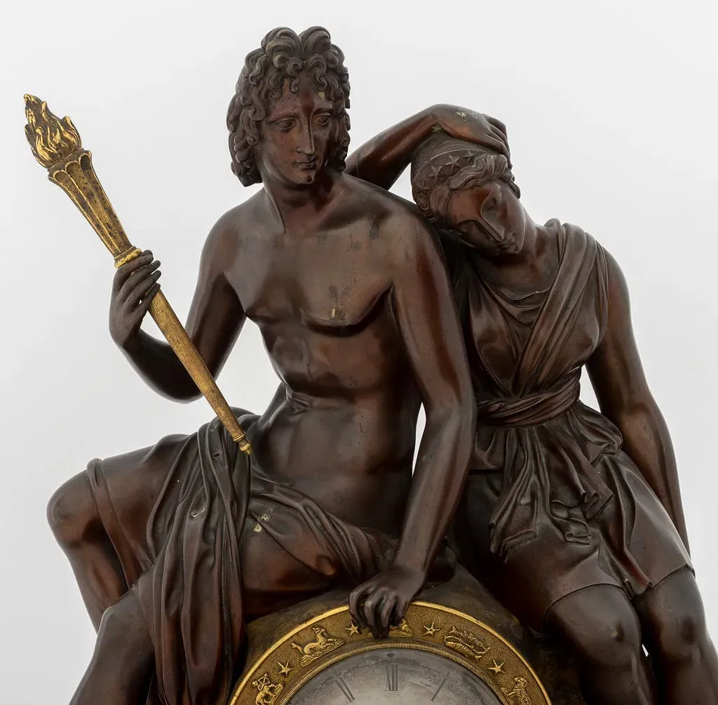 French Empire Style Marble and Bronze Figural Mantel Clock thumbnail 3