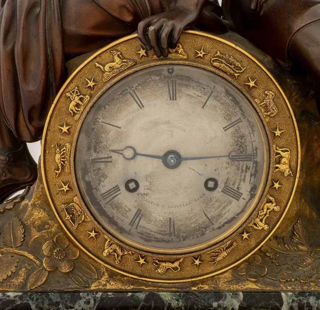 French Empire Style Marble and Bronze Figural Mantel Clock thumbnail 4