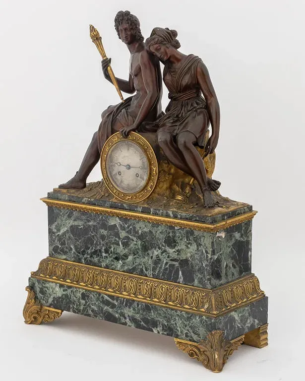 French Empire Style Marble and Bronze Figural Mantel Clock thumbnail 7