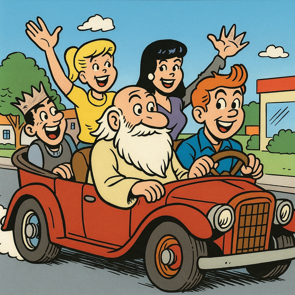 Archie Comics Style Color Print on Paper (Archie’s Jalopy with Betty, Veronica, Jughead, and Professor)