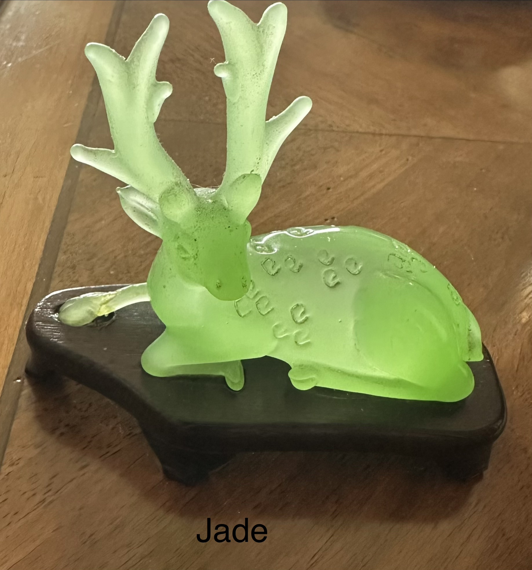Modern Jade-Style Deer Figurine on Wood Base