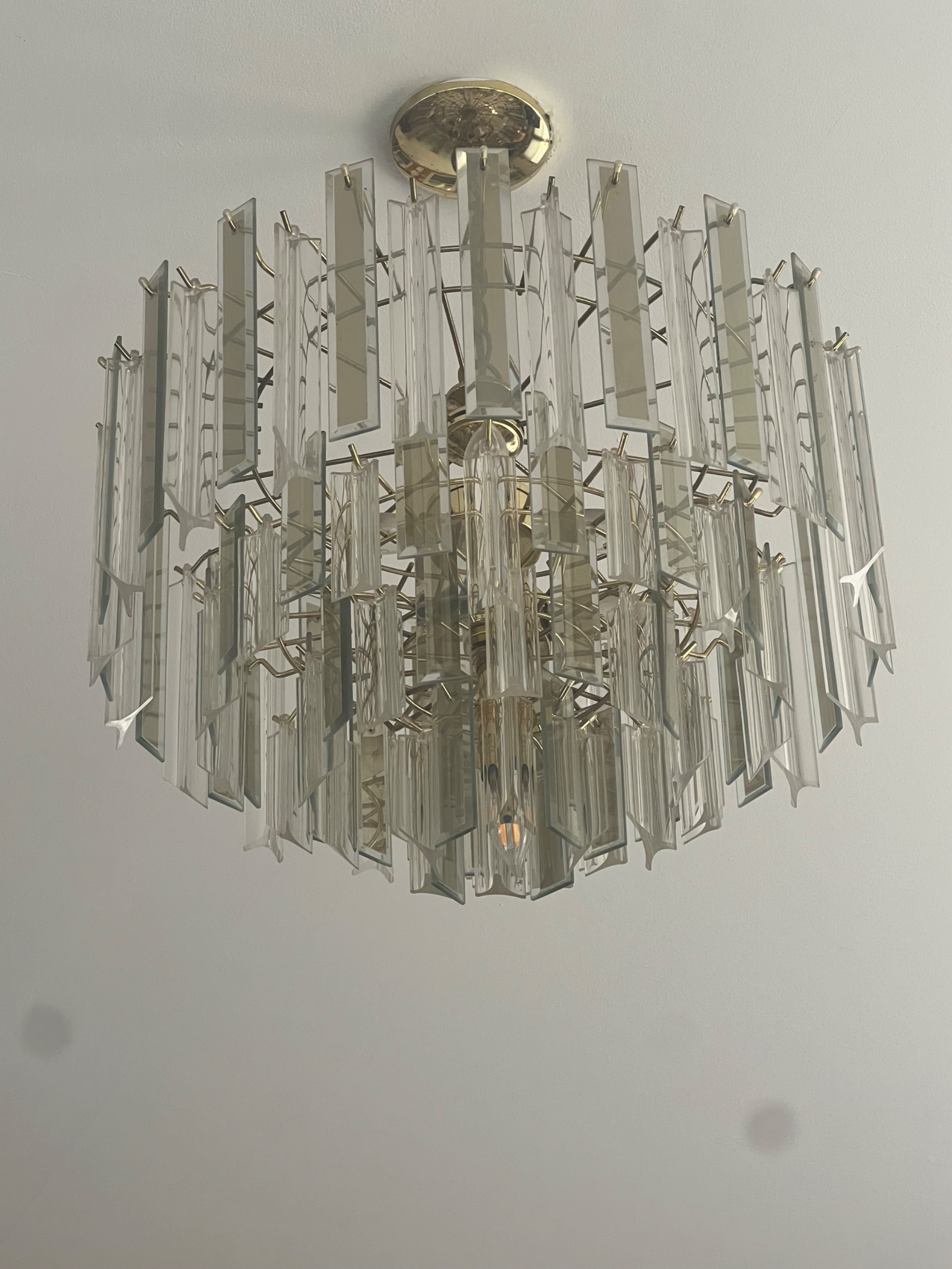 Vintage Mid-Century Modern Style Brass and Triedre Glass Chandelier thumbnail