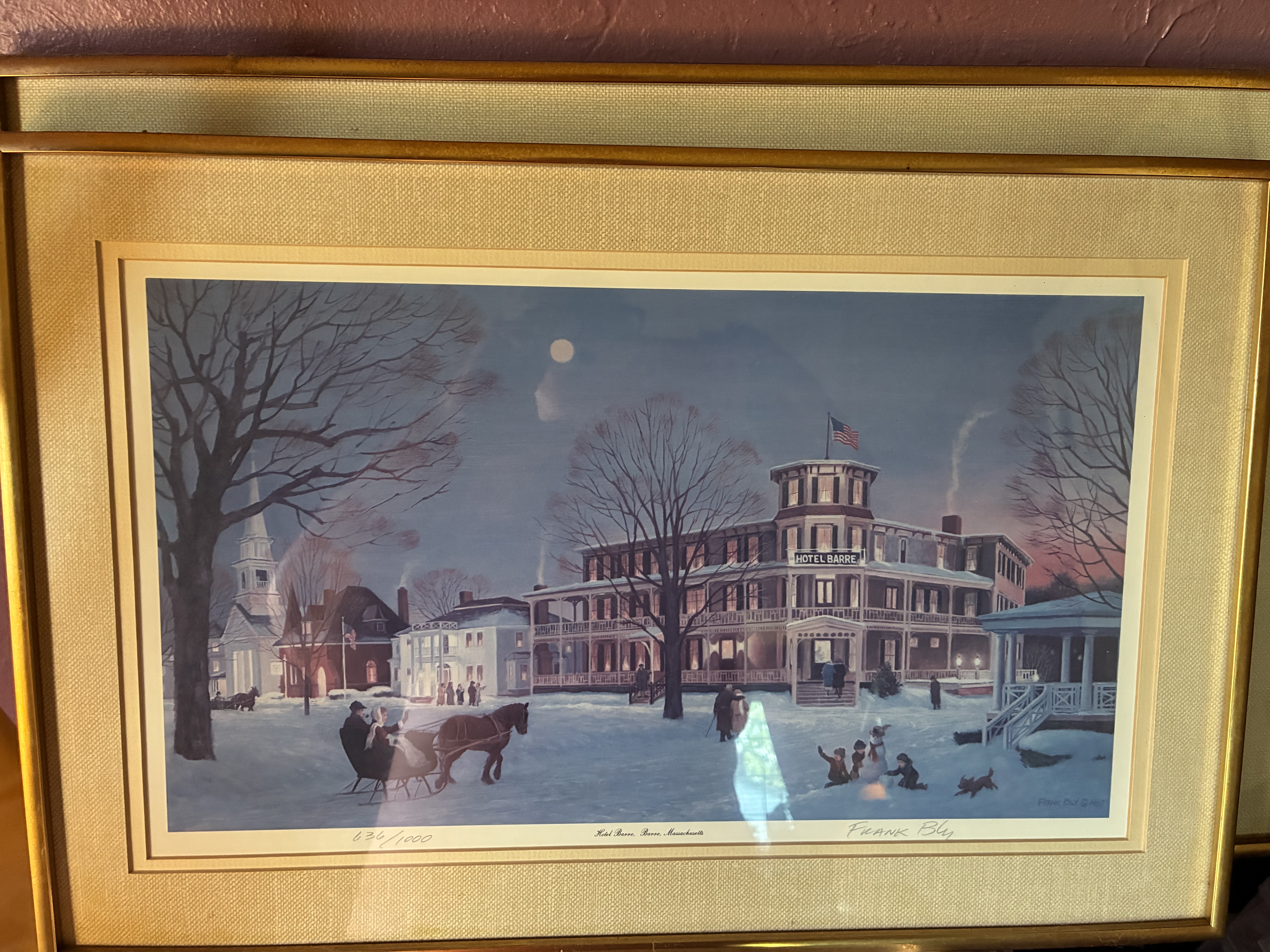 Frank Ely Signed Winter Lithograph Print, Hotel Barre, Barre, Massachusetts
