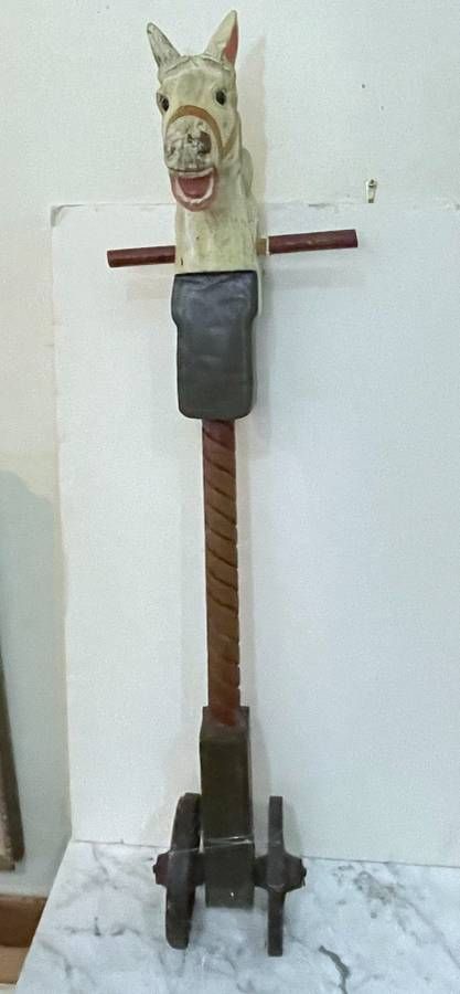 European Folk Art Period Carved-Wood Hobby Horse Push Toy on Iron Wheels