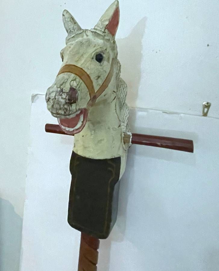 European Folk Art Period Carved-Wood Hobby Horse Push Toy on Iron Wheels thumbnail 2