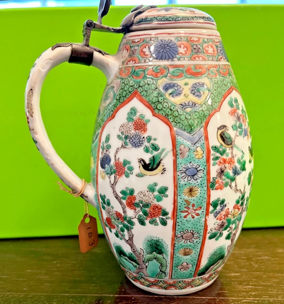 Chinese Export Famille Rose Porcelain Ewer with Pewter Lid