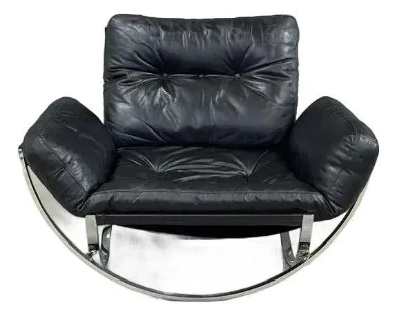 Mid-Century Modern Chrome and Black Leather Rocking Lounge Chair