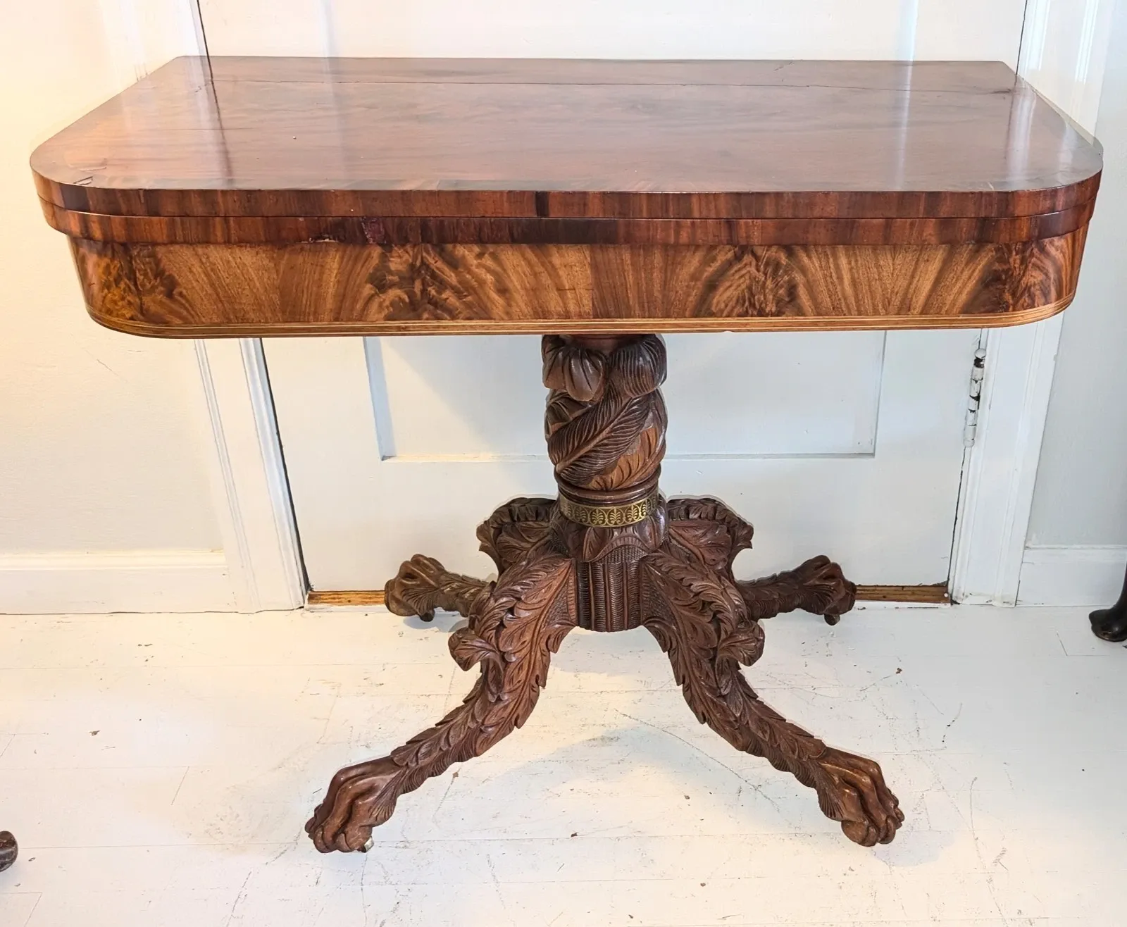 American Classical / Empire Style Carved Mahogany Pedestal Card Table