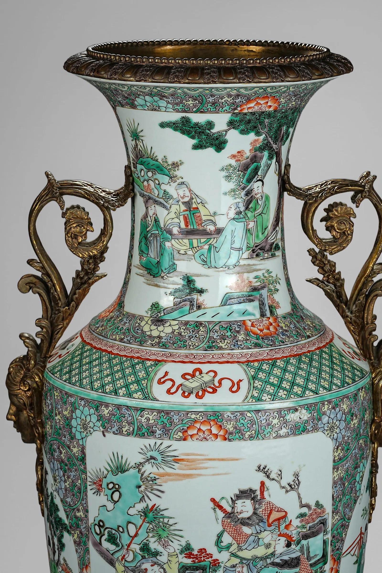 Chinese Famille Verte Style Porcelain Baluster Vase with Ormolu Mounts, bearing a Kangxi Mark thumbnail 2