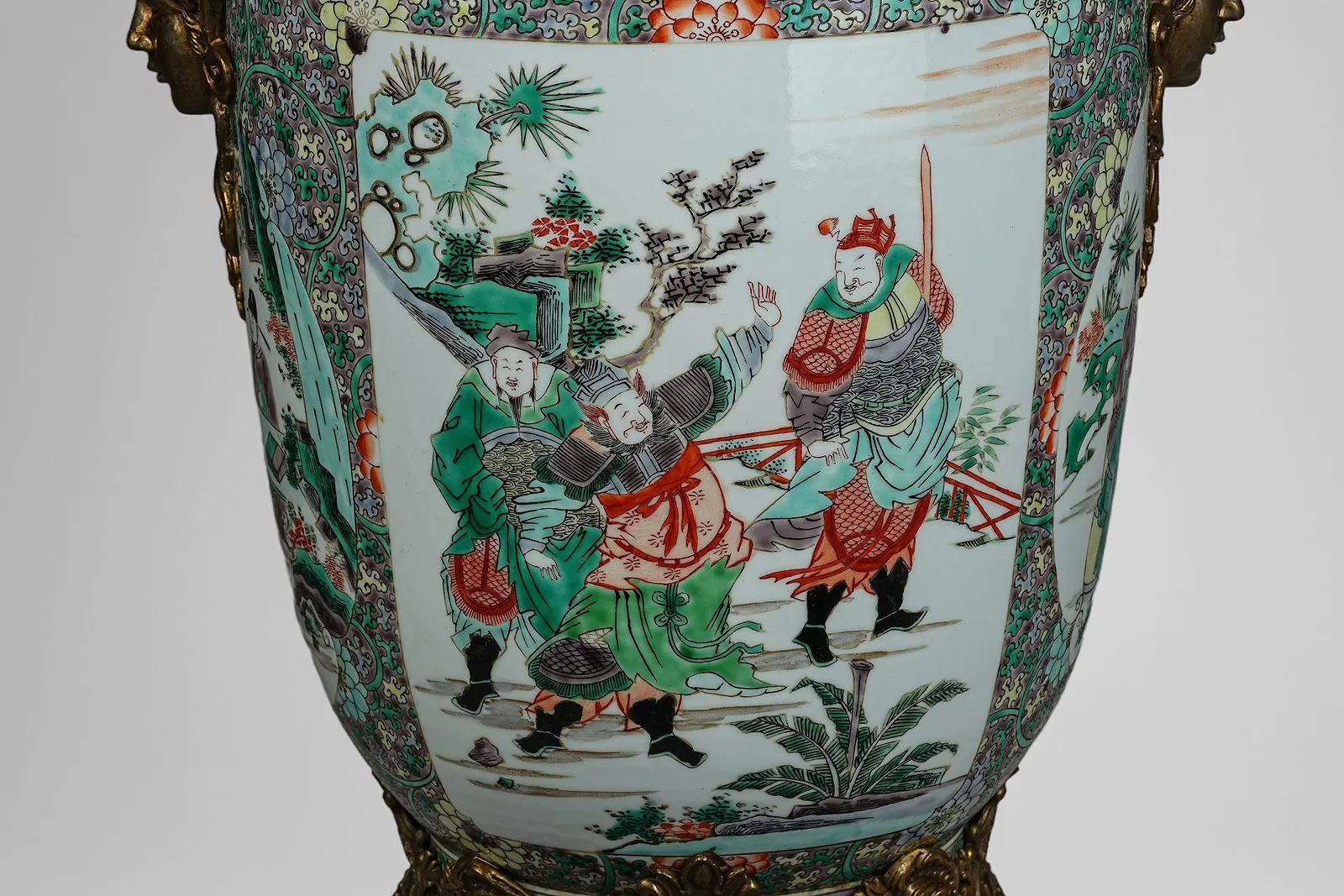 Chinese Famille Verte Style Porcelain Baluster Vase with Ormolu Mounts, bearing a Kangxi Mark thumbnail 3