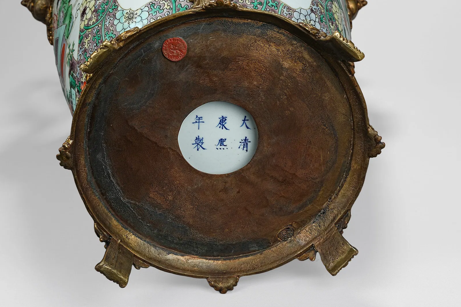 Chinese Famille Verte Style Porcelain Baluster Vase with Ormolu Mounts, bearing a Kangxi Mark thumbnail 7