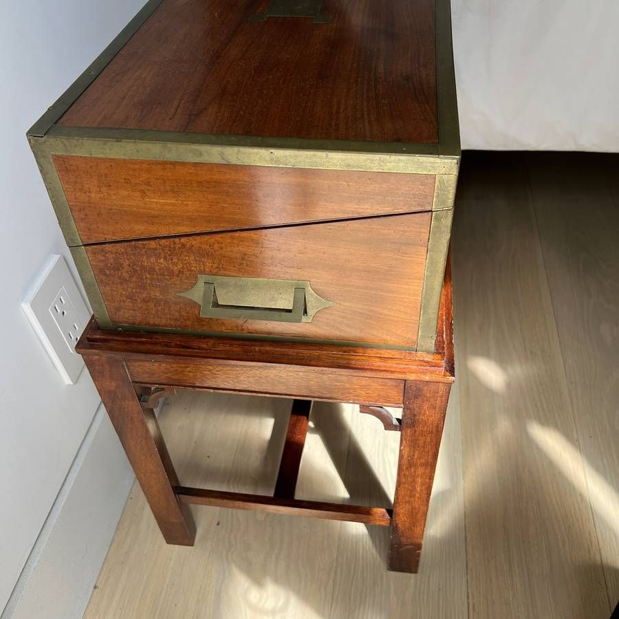 Victorian Campaign Period Brass-Bound Mahogany Writing Slope on Later Stand thumbnail 2