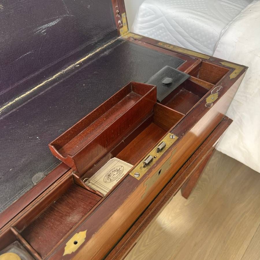 Victorian Campaign Period Brass-Bound Mahogany Writing Slope on Later Stand thumbnail 5