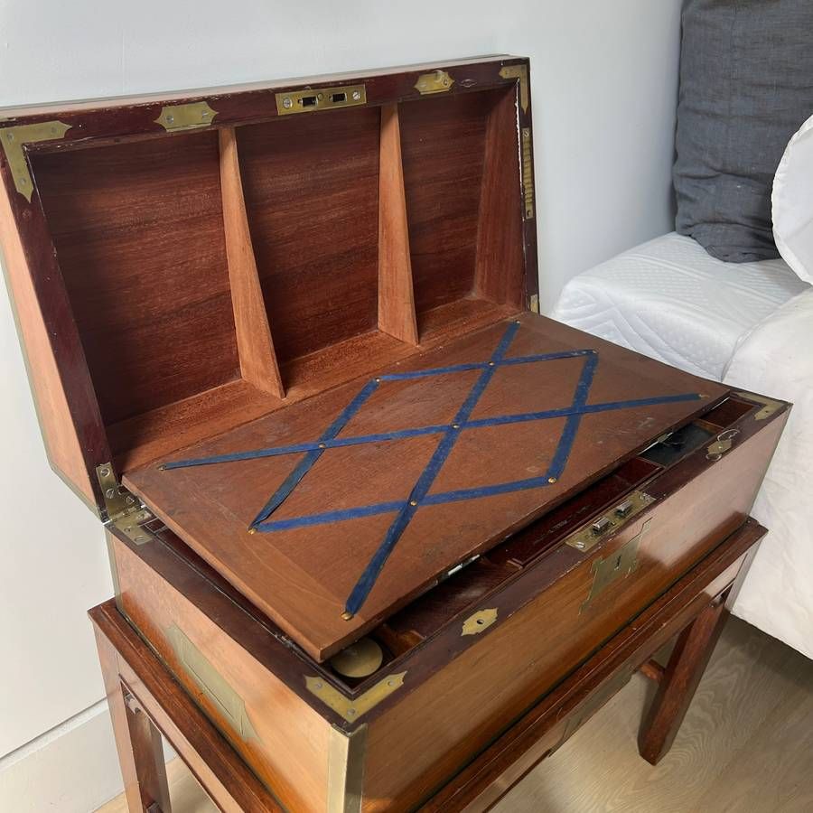Victorian Campaign Period Brass-Bound Mahogany Writing Slope on Later Stand thumbnail 6
