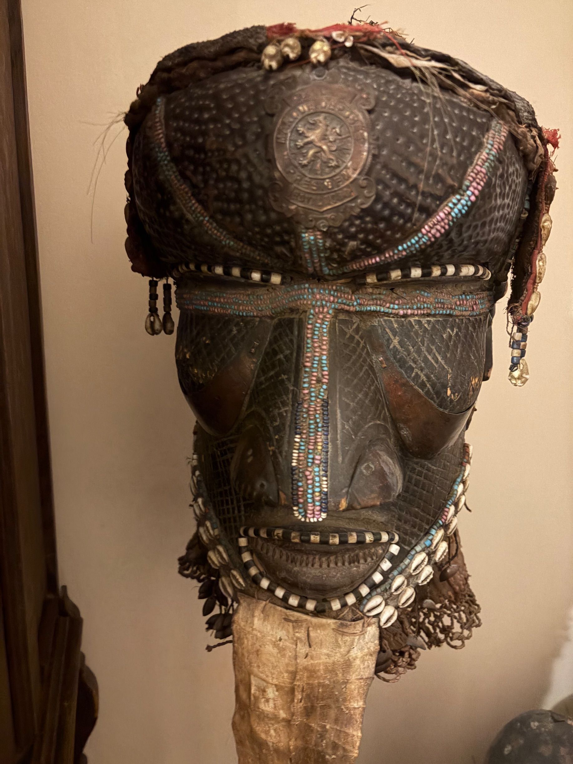Kuba Beaded Wooden Mask with Royal Nord Bicycle Badge thumbnail