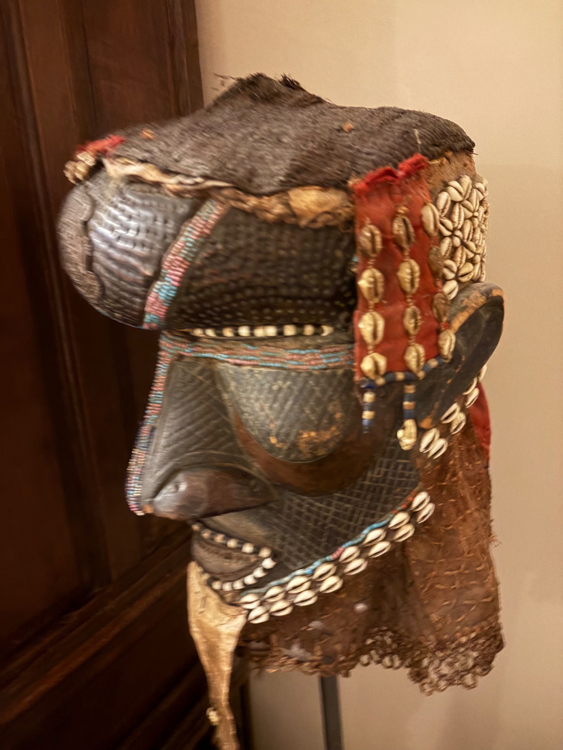 Kuba Beaded Wooden Mask with Royal Nord Bicycle Badge thumbnail 2