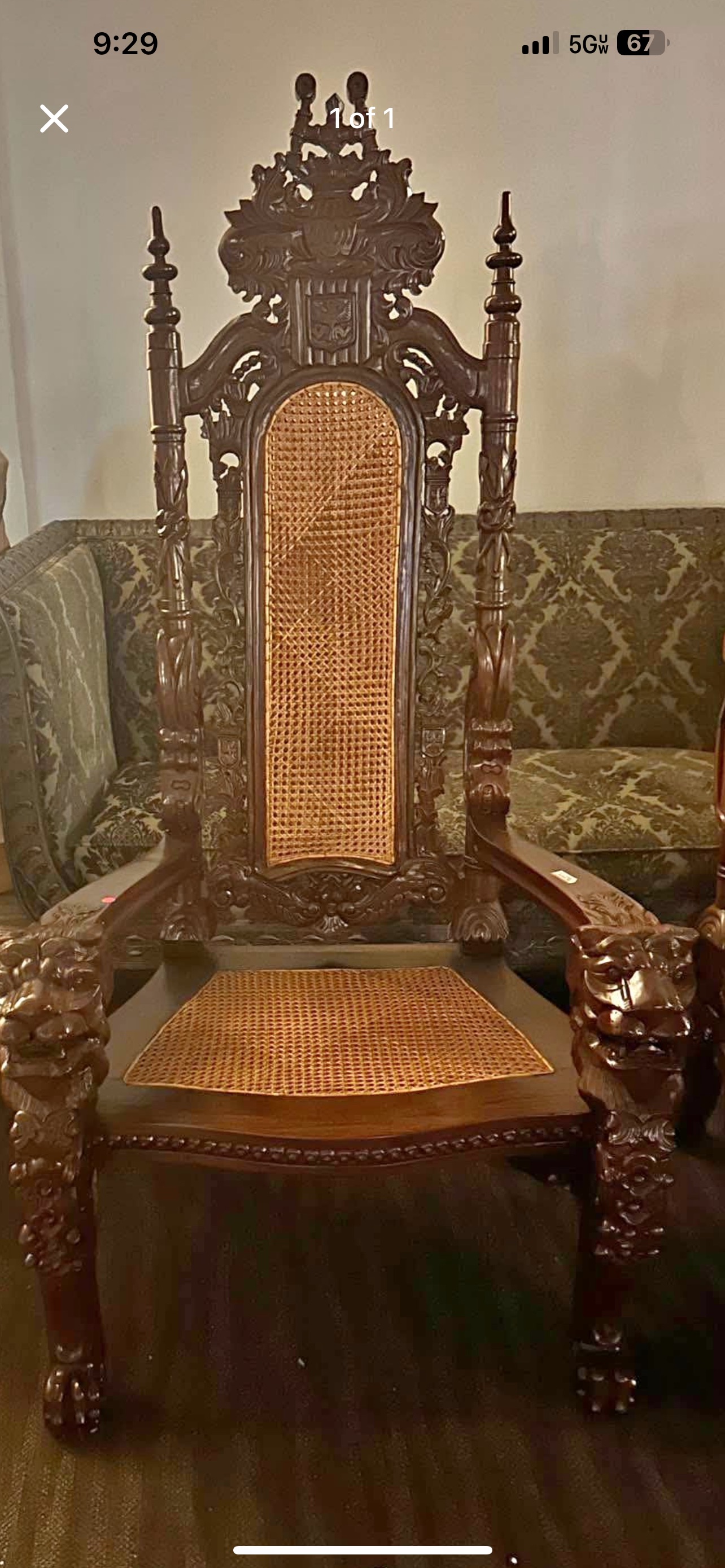 Victorian Renaissance Revival Carved Walnut and Cane Throne Armchair