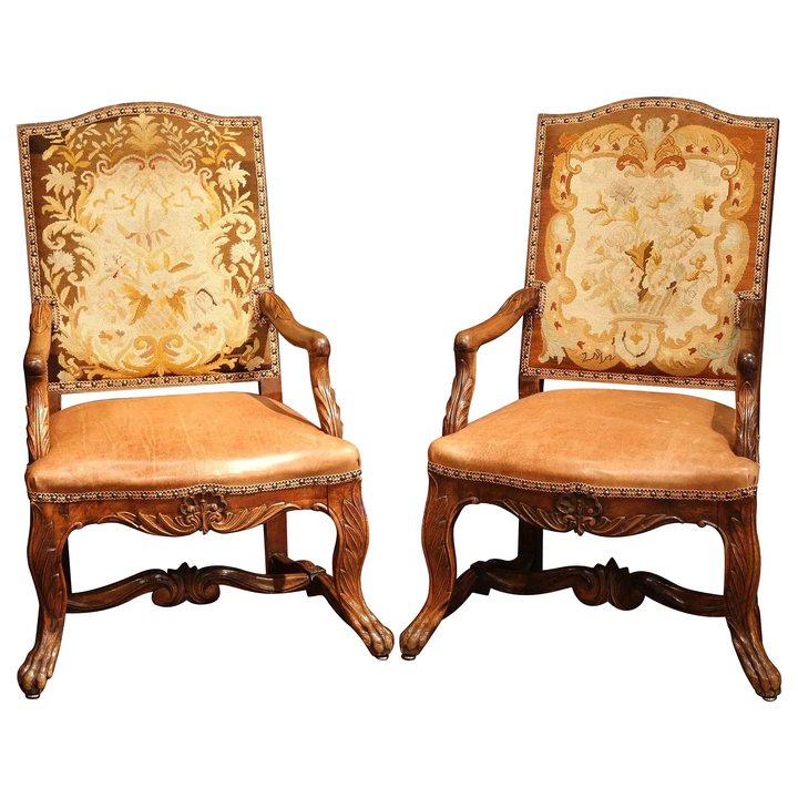 Pair of French Regence Style Walnut Armchairs