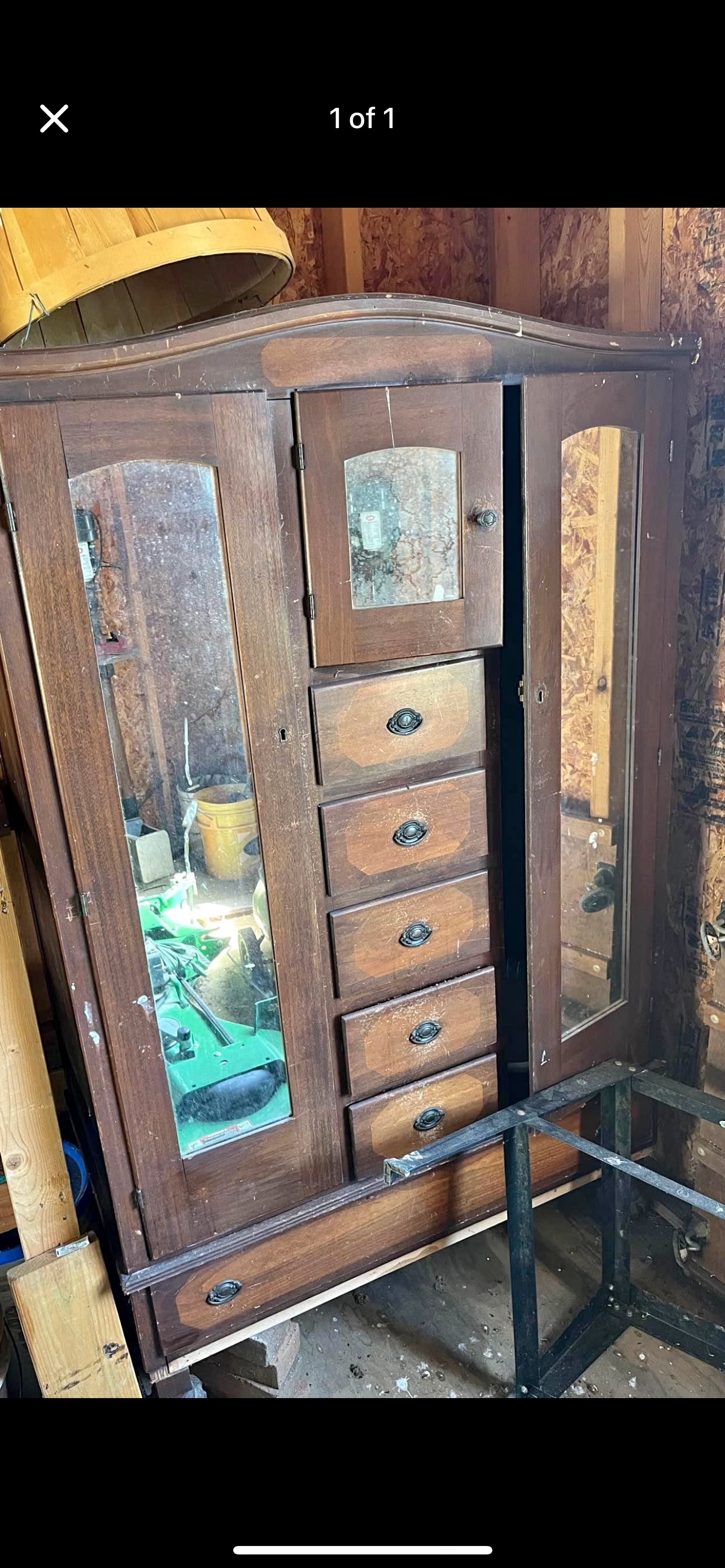 American Early 20th Century Oak Mirrored Wardrobe Cabinet