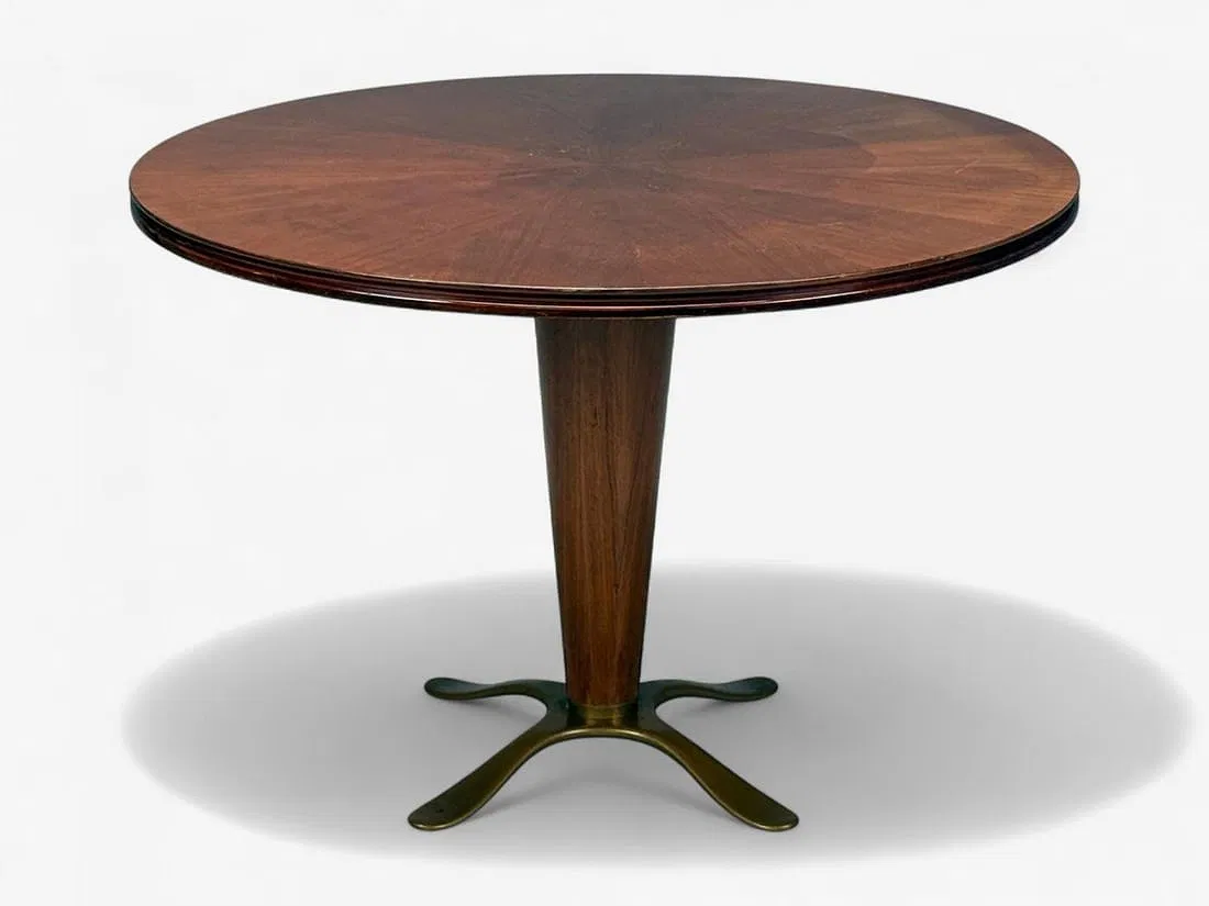Mid-Century Modern Rosewood Veneer and Brass Pedestal Dining Table thumbnail 2