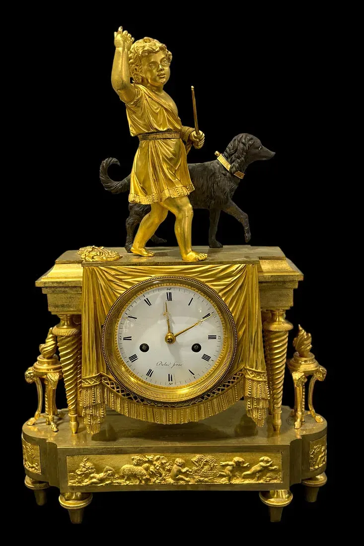 French Empire Period Ormolu and Patinated Bronze Figural Mantel Clock with Hunter and Dog