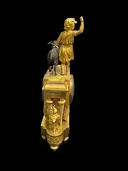 French Empire Period Ormolu and Patinated Bronze Figural Mantel Clock with Hunter and Dog thumbnail 3