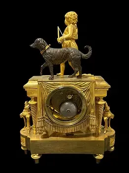 French Empire Period Ormolu and Patinated Bronze Figural Mantel Clock with Hunter and Dog thumbnail 4