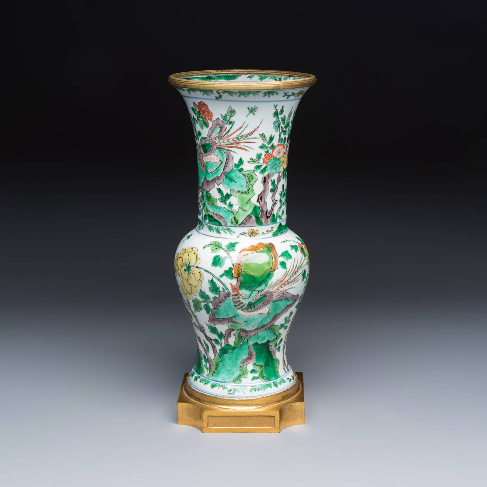 A Chinese famille verte gilt-bronze-mounted 'Yenyen' vase with pheasants, Kangxi porcelain with later mounts