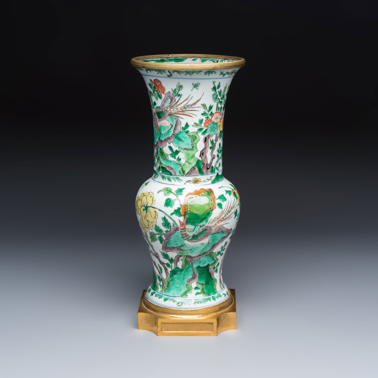 A Chinese famille verte gilt-bronze-mounted 'Yenyen' vase with pheasants, Kangxi porcelain with later mounts thumbnail 2